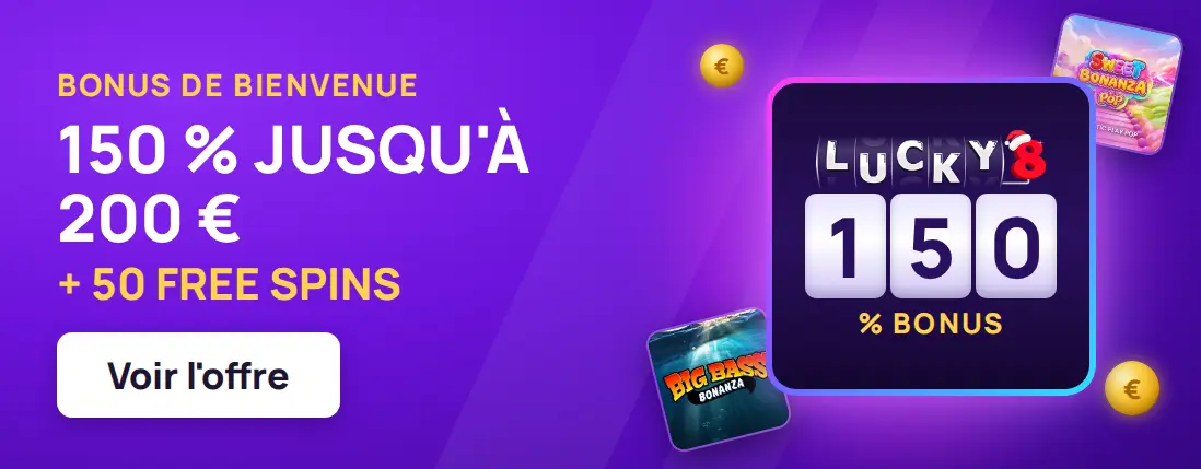 Bannière : bonus de bienvenue 150 % jusqu'à 200 € + 50 free spins sur Starburst
